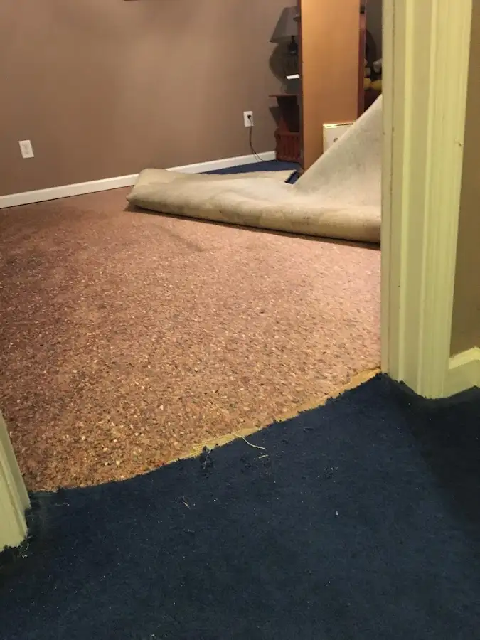 Carpet pad removal revealing water damage during Drying & Dehumidification in East Point